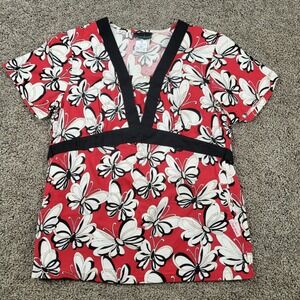 Cherokee Womens Scrub Top Red Butterfly Print V-Neck Tie Back 2866C BBOW Small